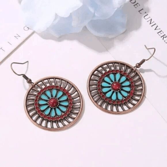 2/$21 Aztec Round Teal Hoop Earrings - Picture 2 of 6